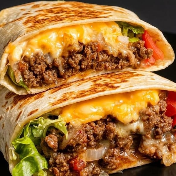 Two halves of a cheesy beef burrito with lettuce and tomatoes on a black plate.