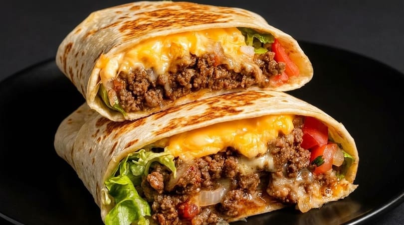 Two halves of a cheesy beef burrito with lettuce and tomatoes on a black plate.