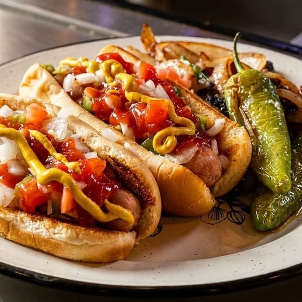 Two hot dogs with ketchup, mustard, and diced onions, served with roasted peppers and potatoes.