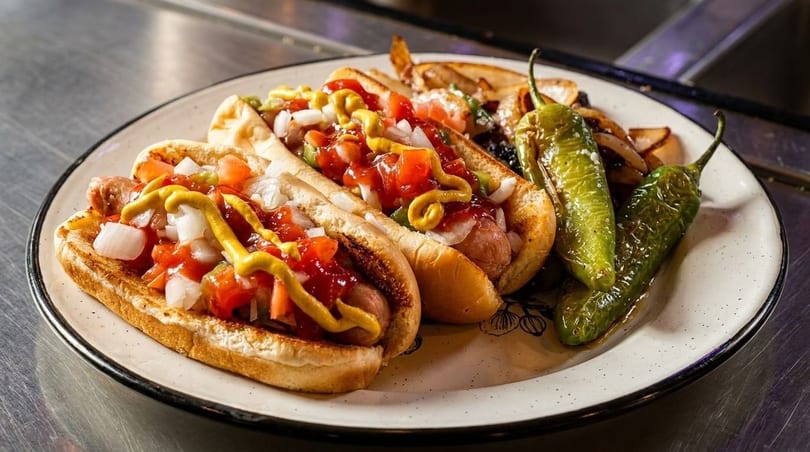 Two hot dogs with ketchup, mustard, and diced onions, served with roasted peppers and potatoes.