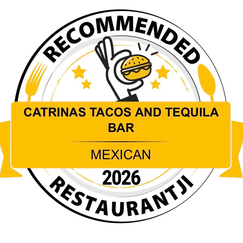 Yellow and black Recommended Restaurantji 2026 badge for Catrinas Tacos and Tequila Bar, Mexican, with food icons.