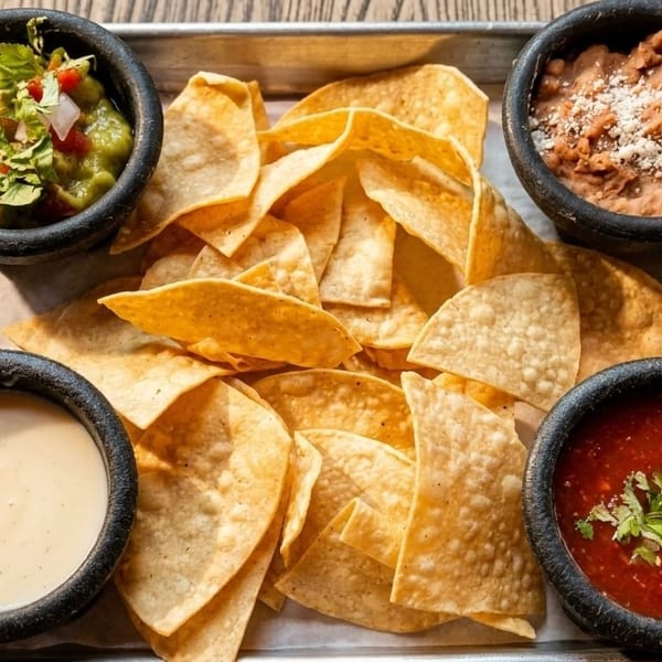A tray of tortilla chips with bowls of guacamole, refried beans, queso, and salsa.