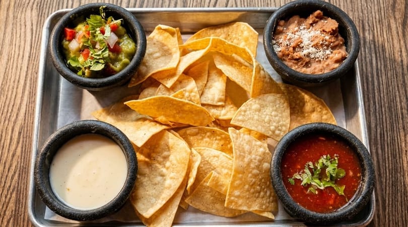 A tray of tortilla chips with bowls of guacamole, refried beans, queso, and salsa.